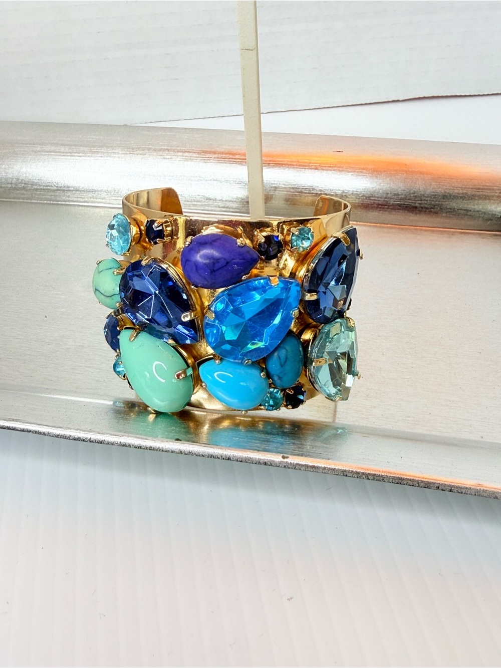 Gold tone Cuff Bracelet with Blue and Turquoise Gemstones - Picture 2 of 6